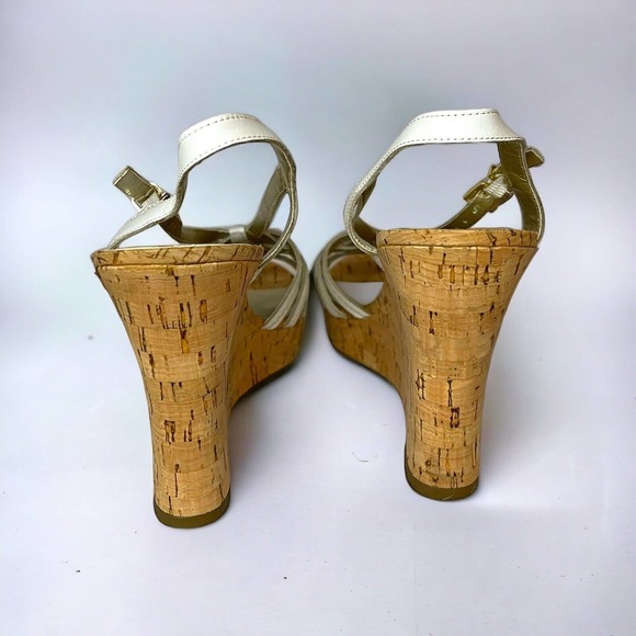 Womens Guess White Platform Sandal 8 Cork Leather 4 Inch Summer Straps Wedge - Picture 4 of 10
